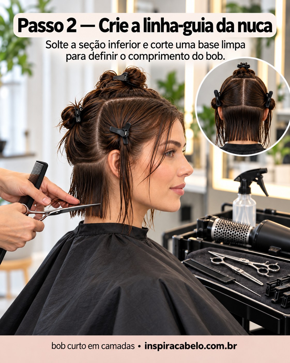 Corte bob curto em camadas mostrando a linha guia da nuca sendo criada