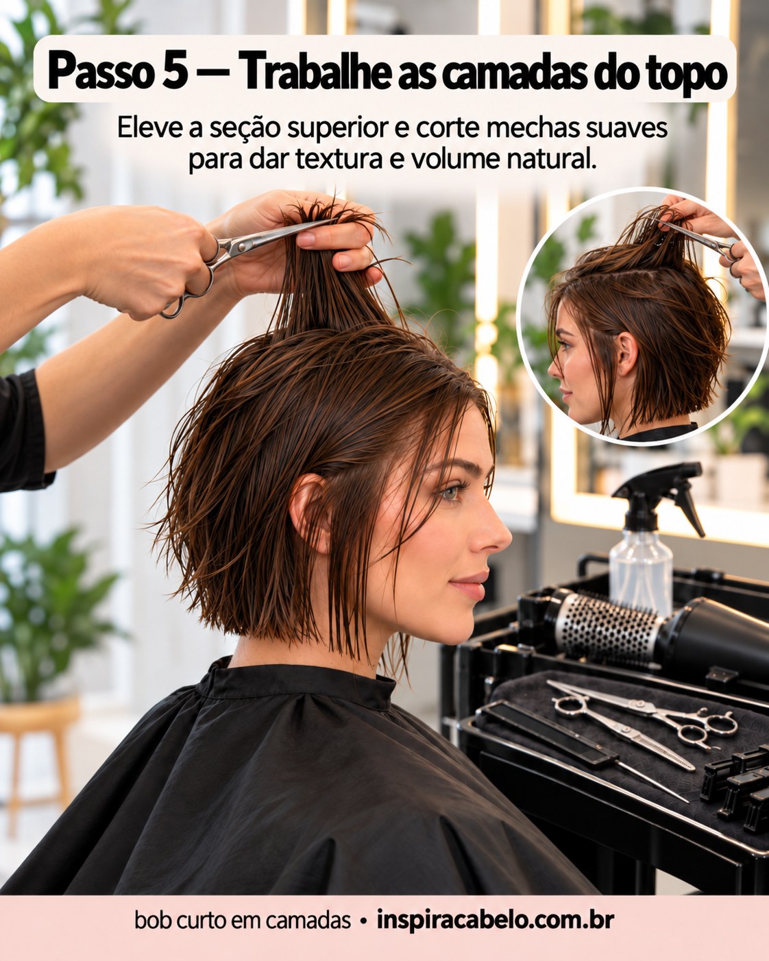 Topo do cabelo elevado para criar textura em bob curto com camadas suaves