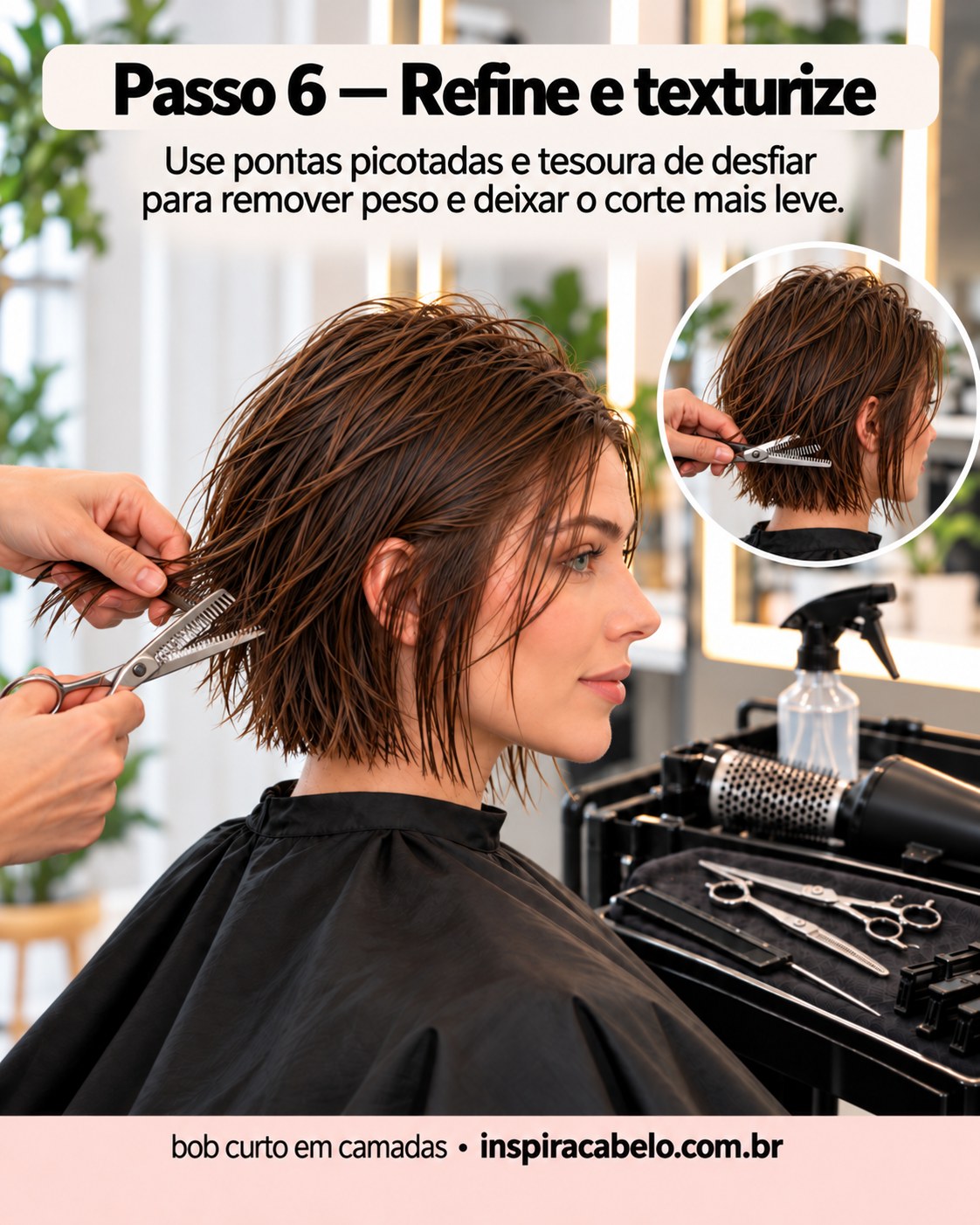 Tesoura de desfiar refinando pontas de um bob curto em camadas