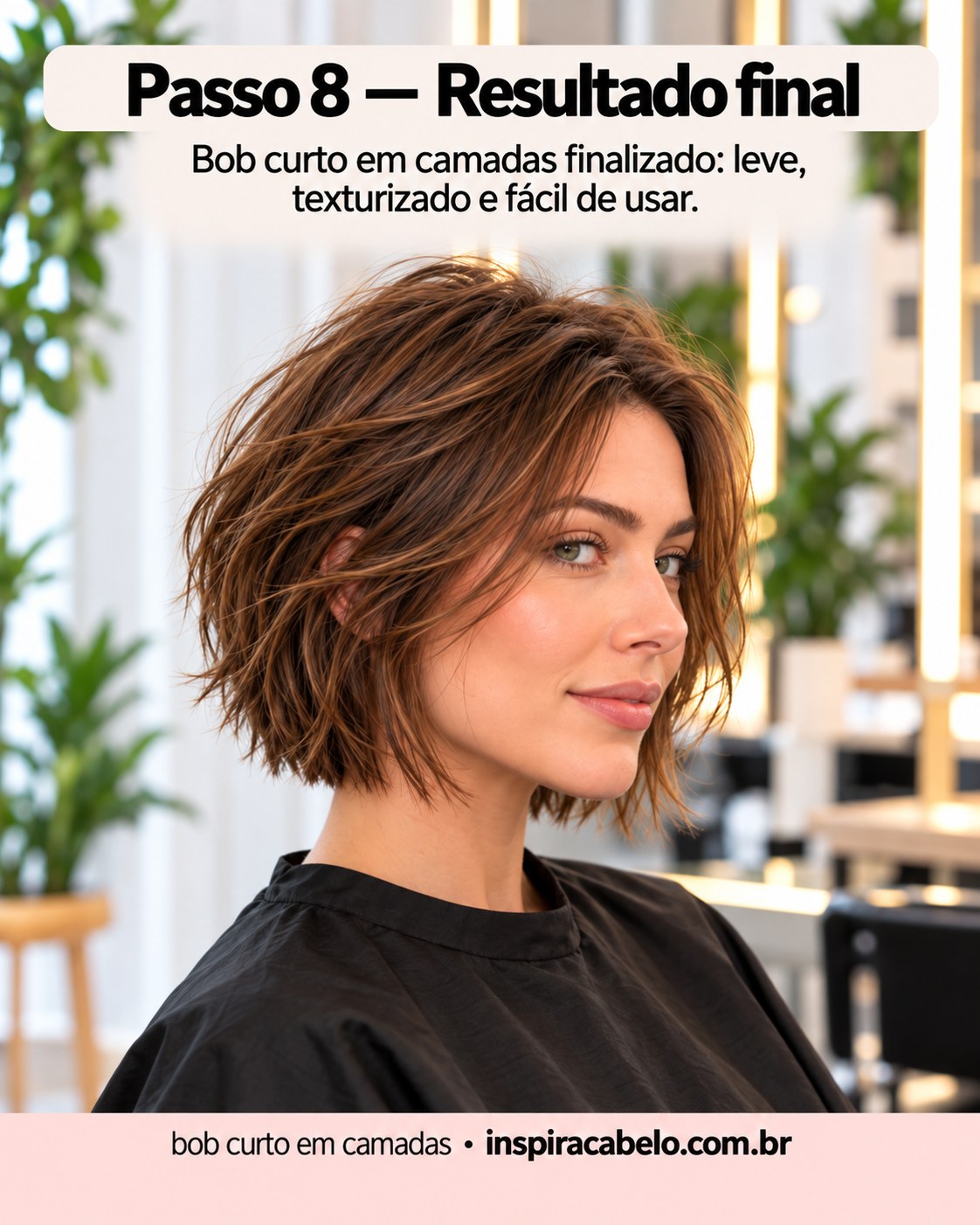 Resultado final de bob curto em camadas com textura e movimento natural