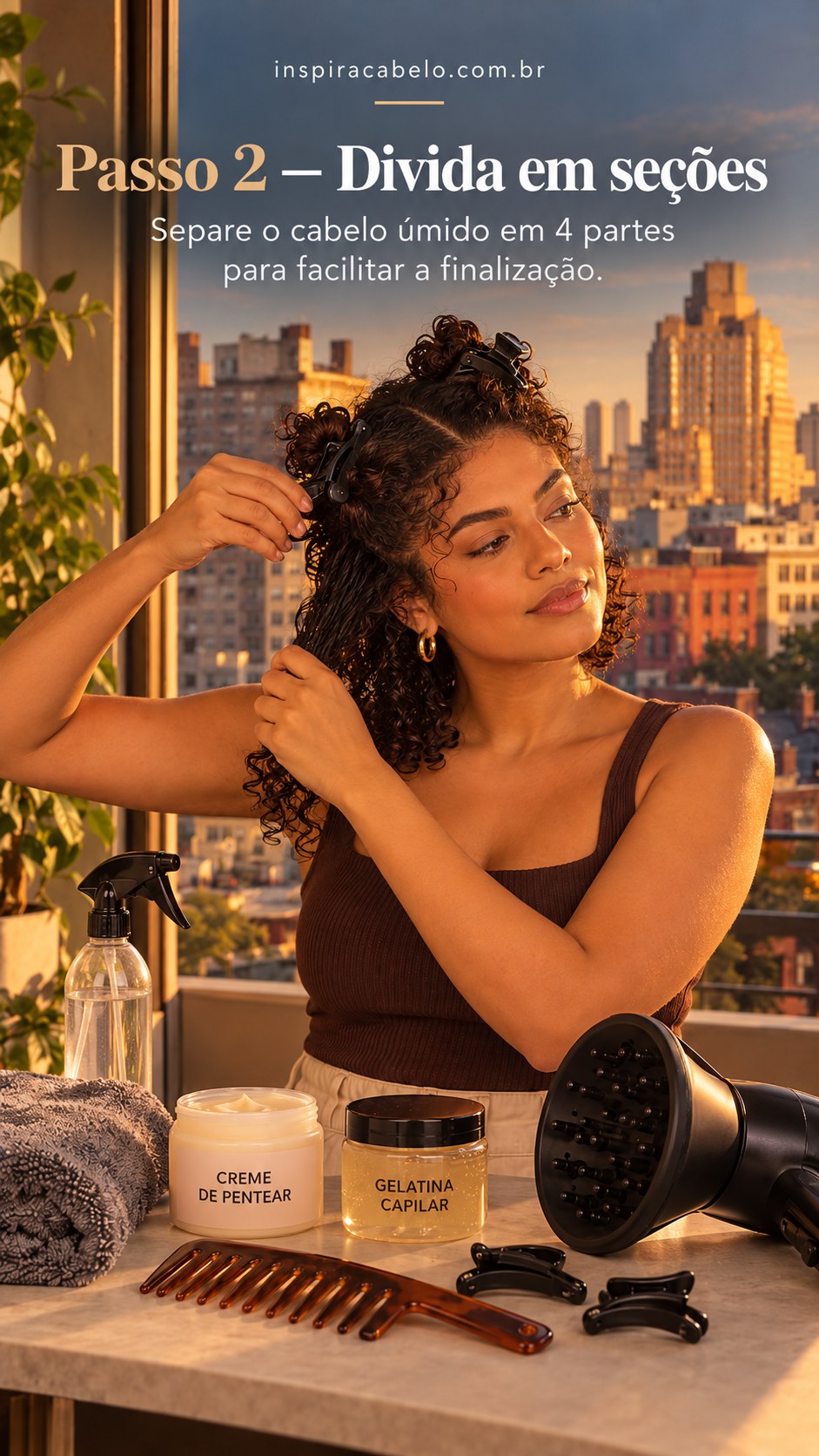 Mulher separa cabelo cacheado curto em seções usando presilhas pretas.