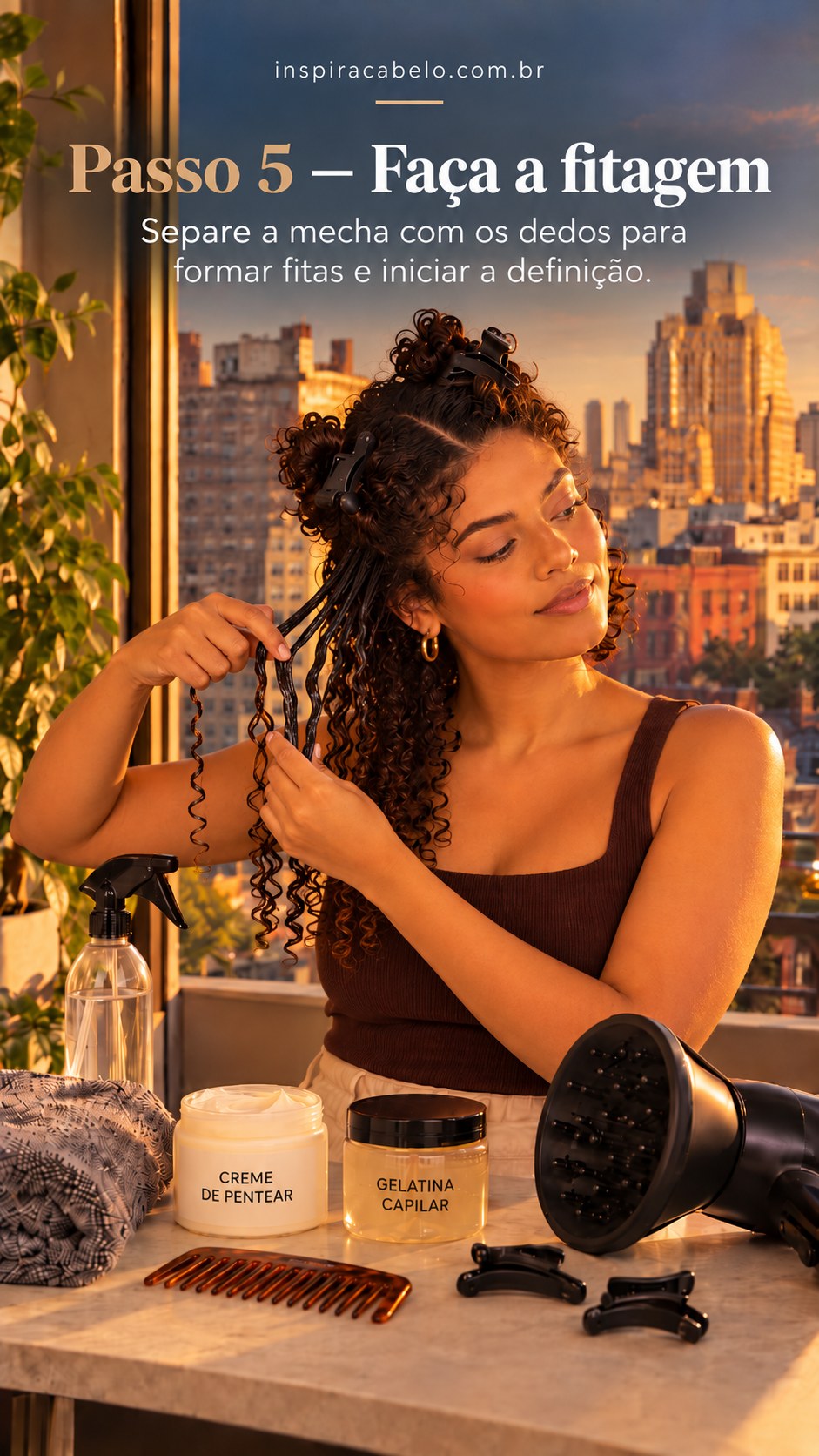 Fitagem separa fios para definir cabelo cacheado curto com os dedos.