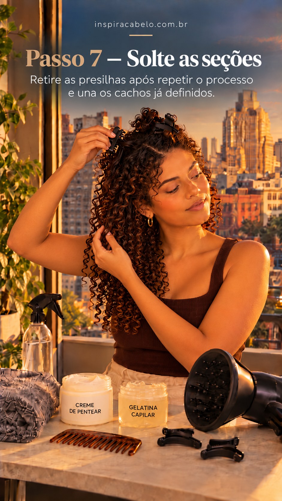 Mulher solta presilhas e mostra cachos definidos no cabelo curto.