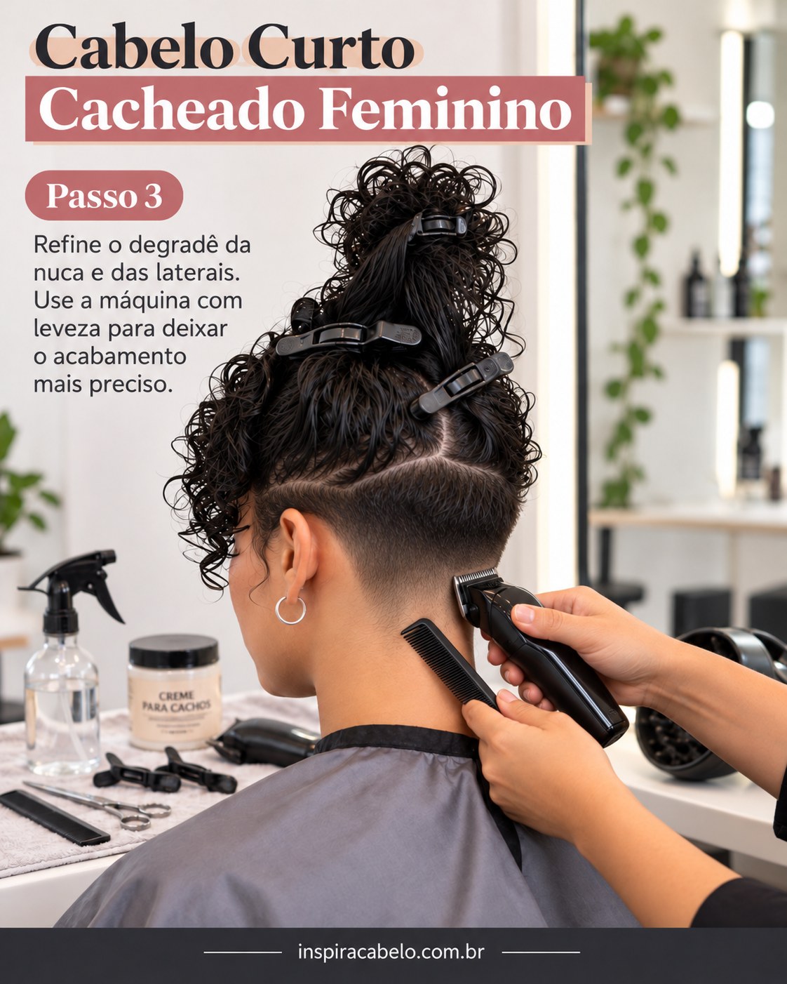 Cabelo curto cacheado feminino com máquina e pente refinando o degradê da nuca