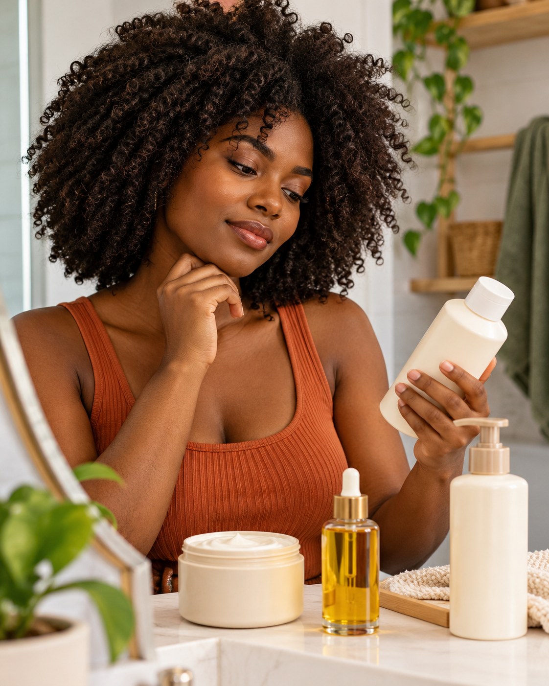 Mulher avaliando produtos de hidratação e finalização para cuidar do cabelo crespo.