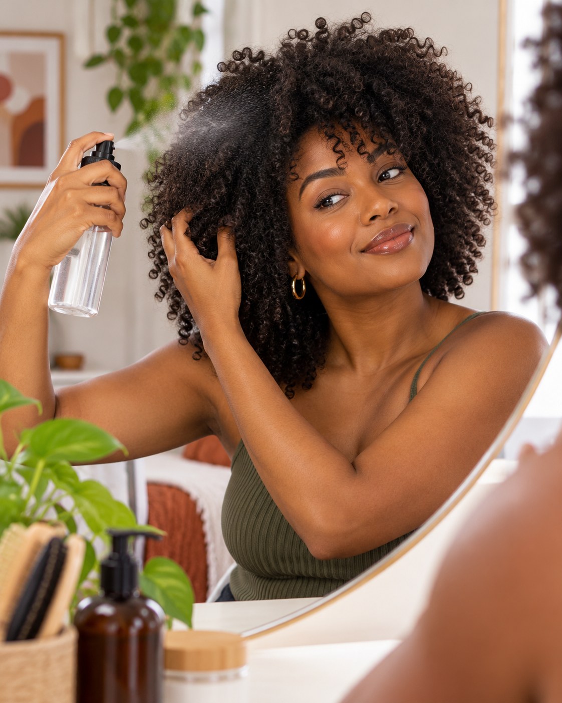 Mulher borrifando água nos cachos para reativar a definição do cabelo crespo.