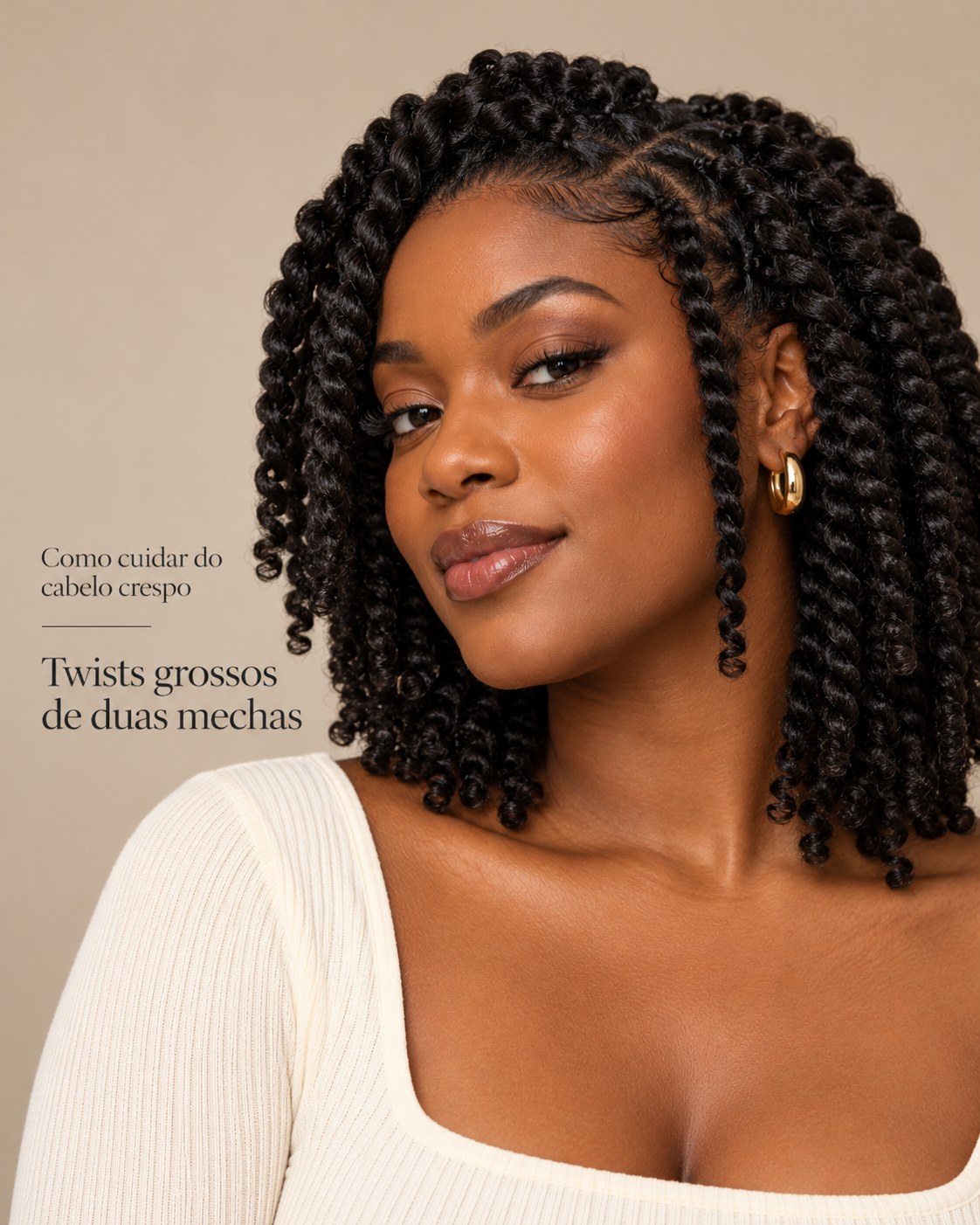 Penteado com twists grossos de duas mechas em cabelo crespo natural.