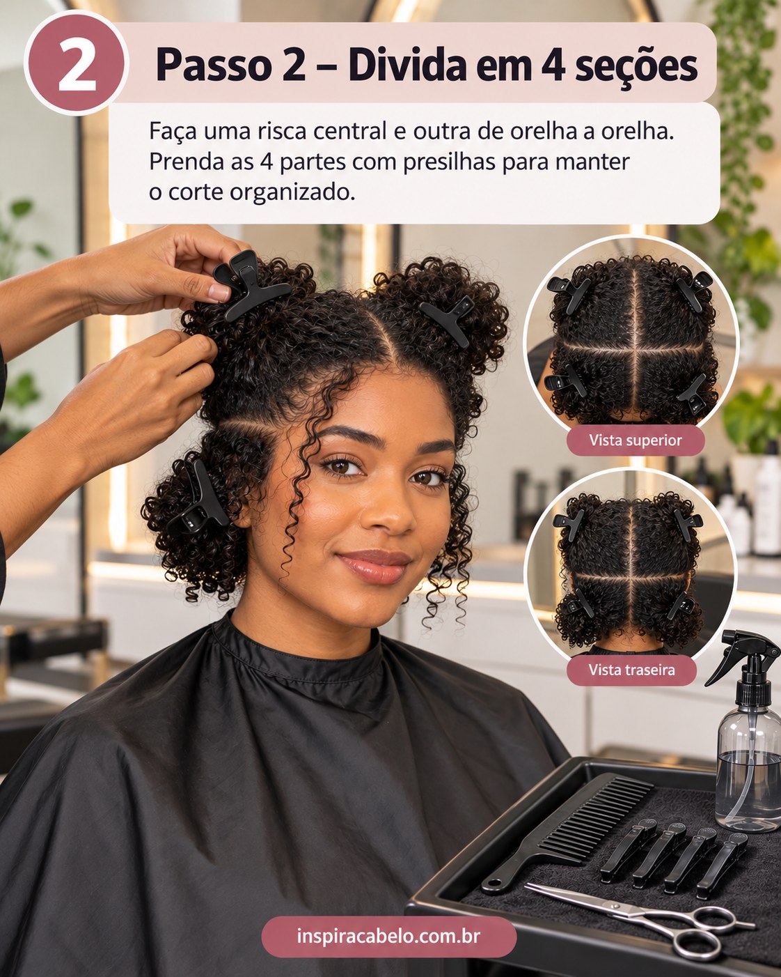Corte de cabelo crespo 4a dividido em quatro seções presas com presilhas