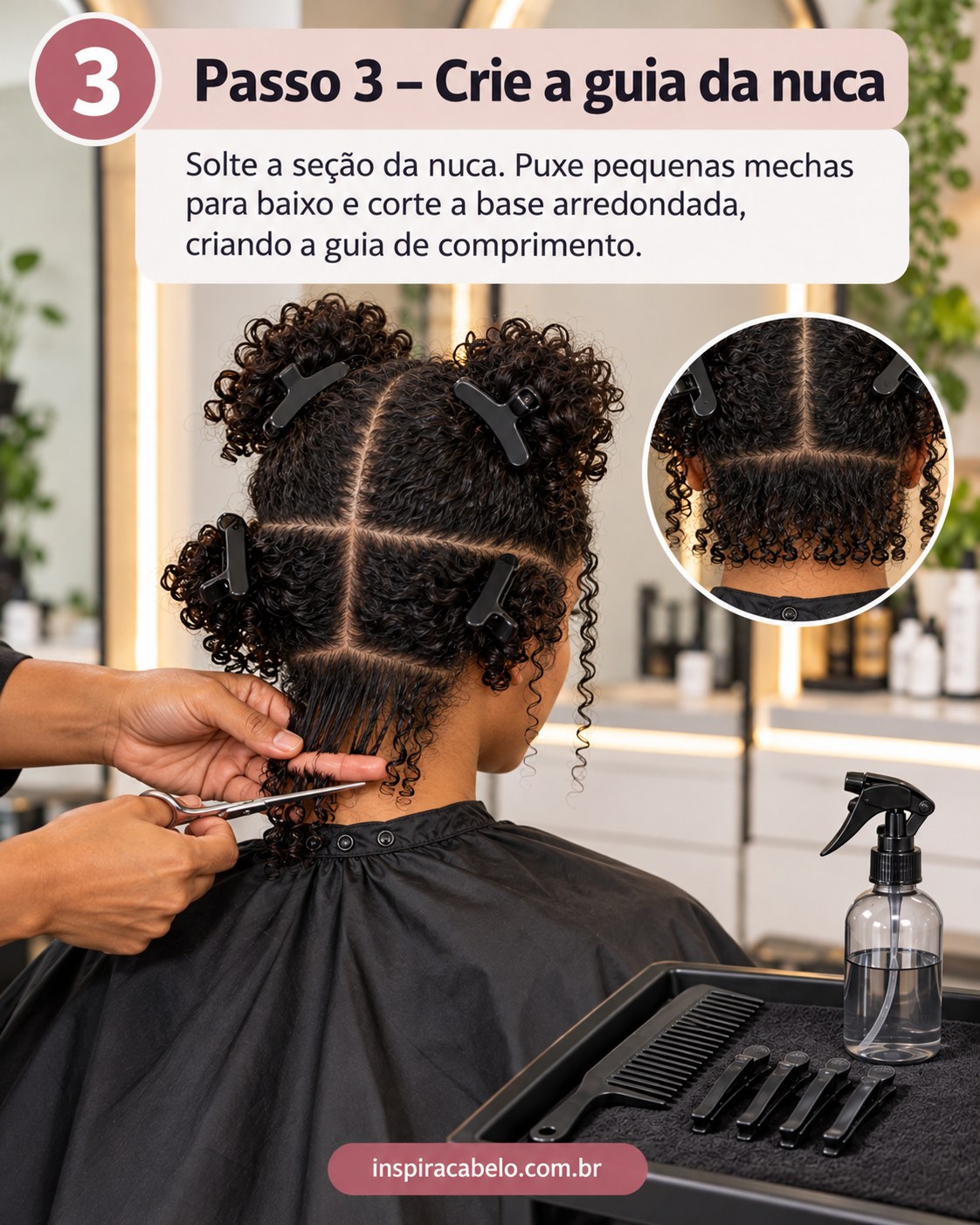 Guia da nuca sendo criada no corte de cabelo crespo 4a com base arredondada