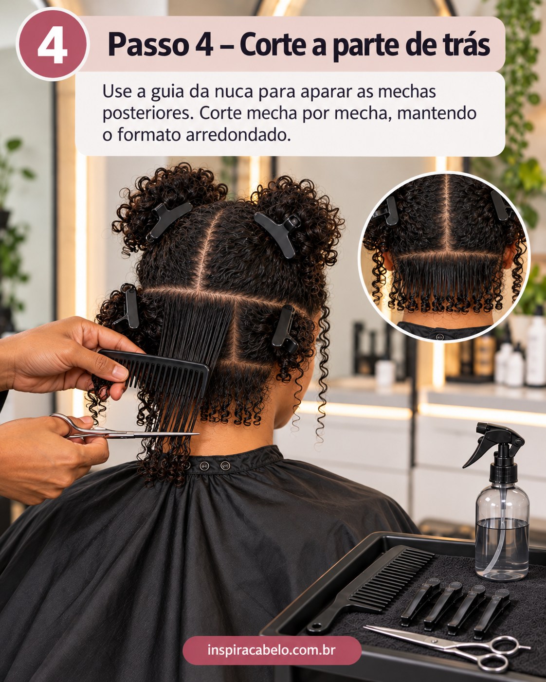 Parte de trás do corte de cabelo crespo 4a sendo aparada mecha por mecha