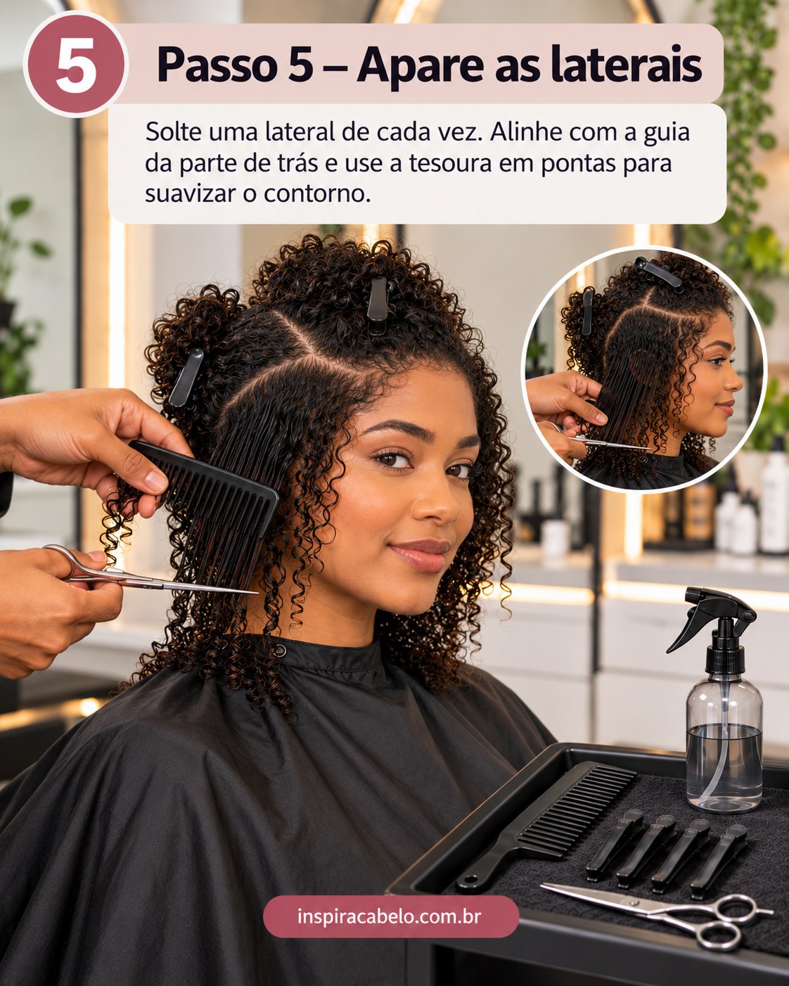 Lateral do corte de cabelo crespo 4a sendo alinhada à guia posterior
