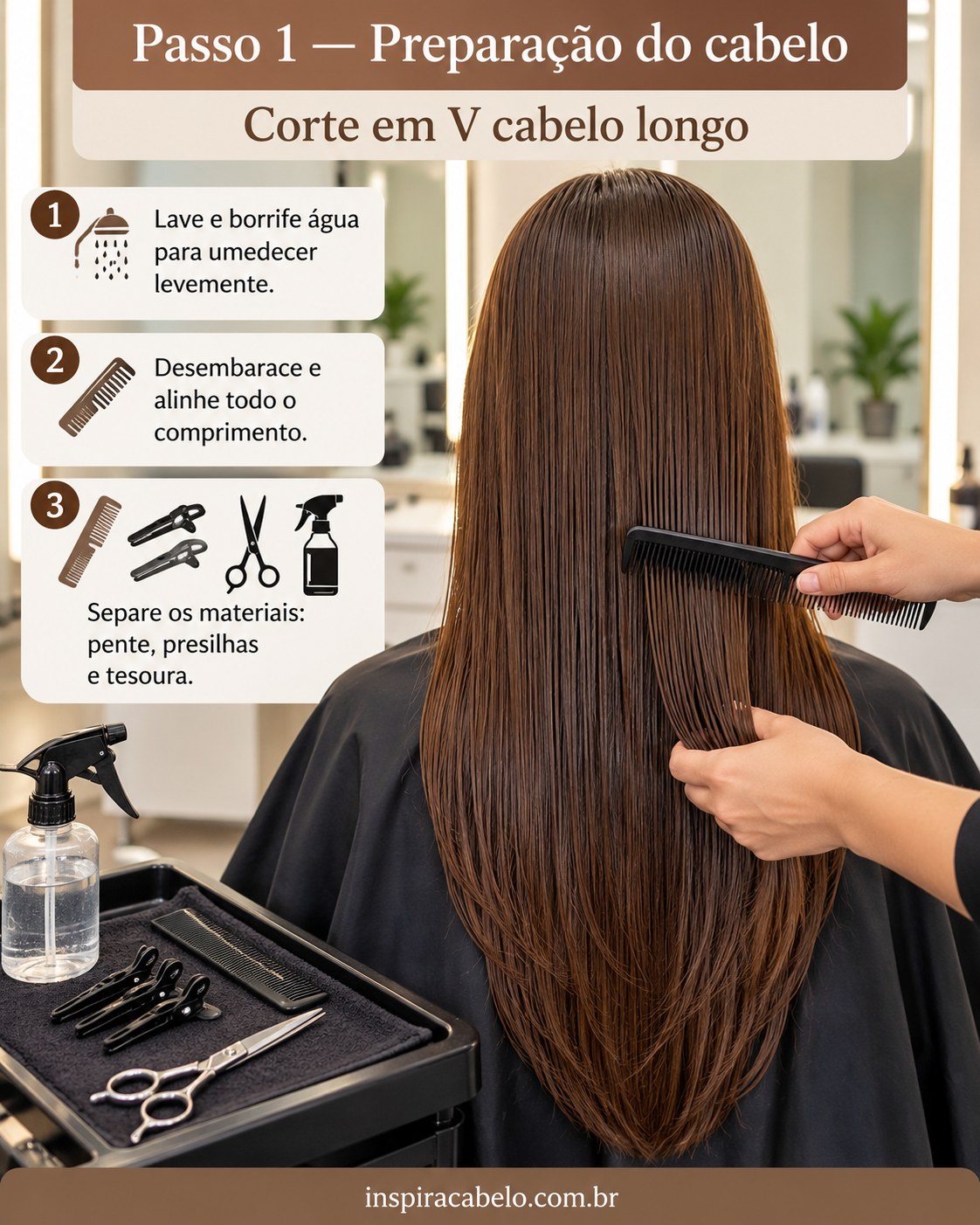 Preparação para corte em V cabelo longo com fios castanhos úmidos, pente e borrifador no salão.