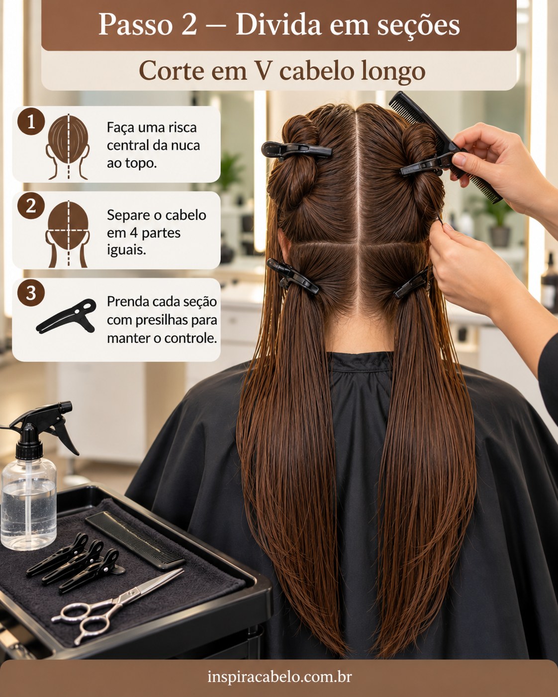 Divisão do corte em V cabelo longo em quatro seções presas com presilhas para manter a simetria.