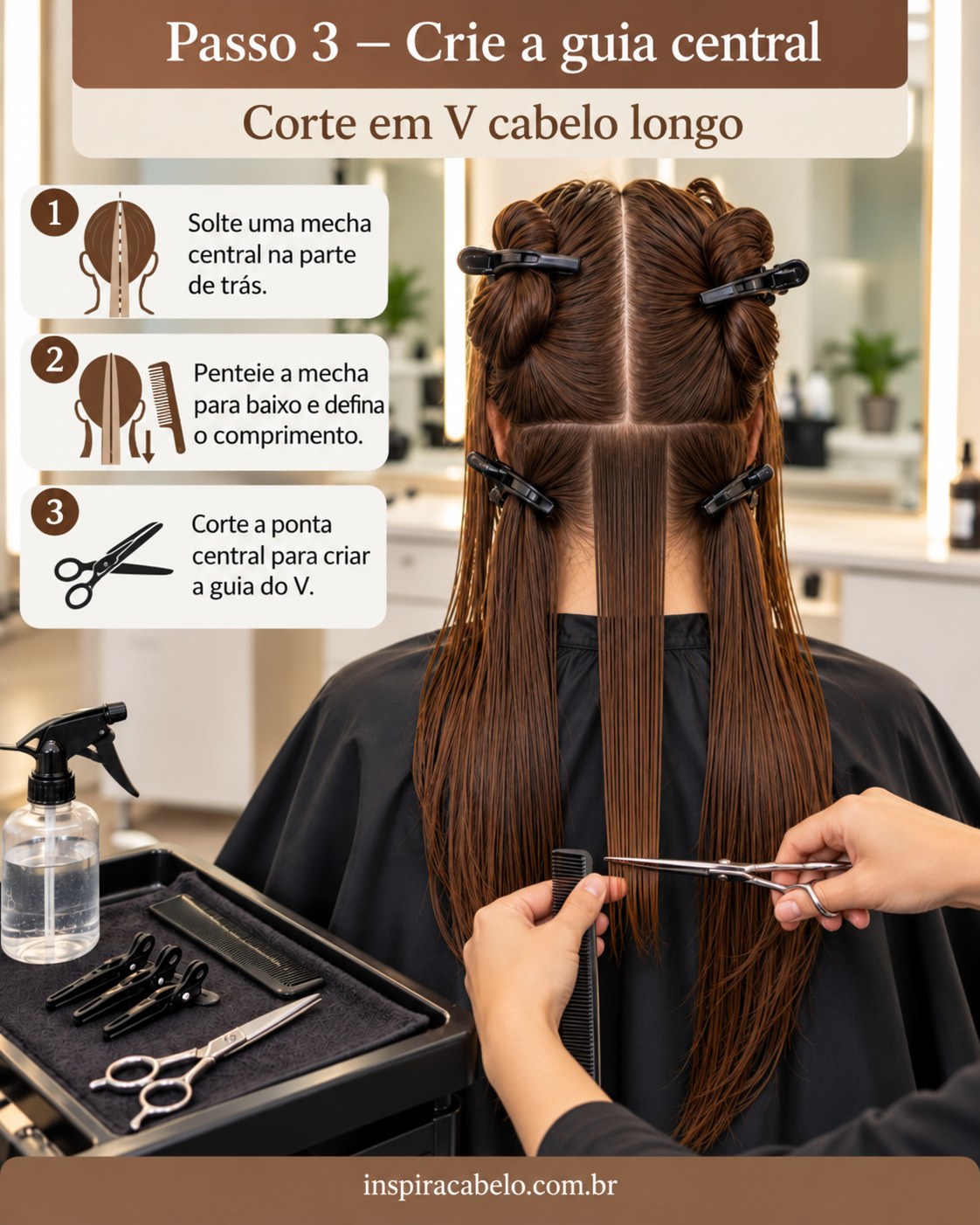 Criação da guia central do corte em V cabelo longo com mecha da nuca penteada e tesoura profissional.