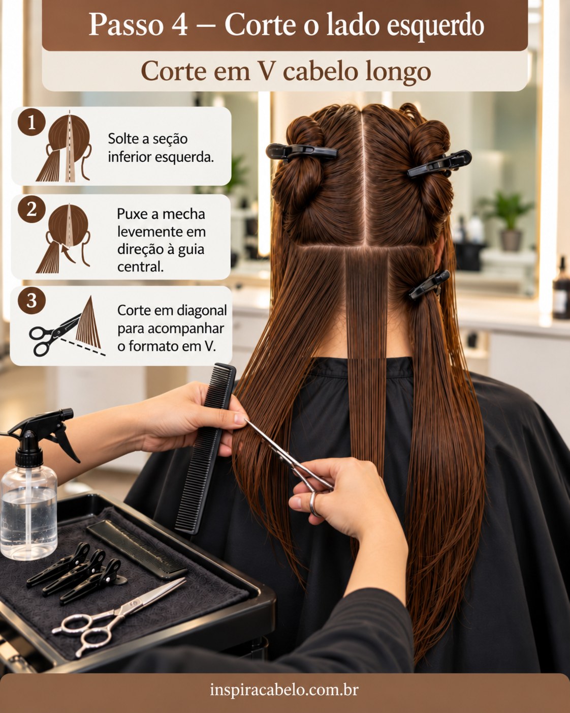 Corte em V cabelo longo com seção inferior esquerda penteada na diagonal em direção à guia central.