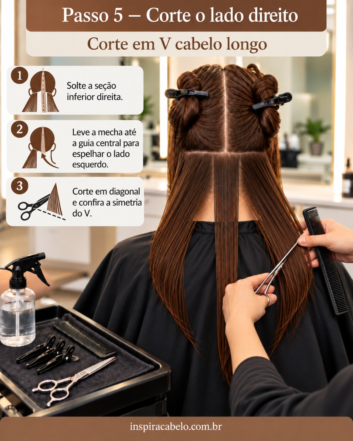Corte em V cabelo longo com ajuste diagonal da seção inferior direita para equilibrar os dois lados.