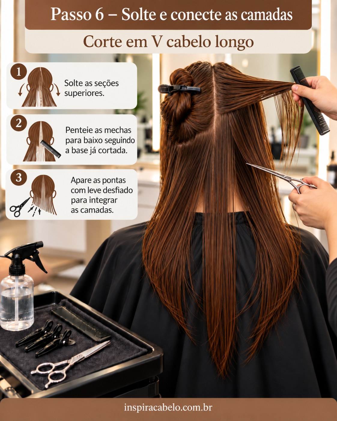 Conexão das camadas no corte em V cabelo longo com mecha superior estendida e pontas sendo aparadas.