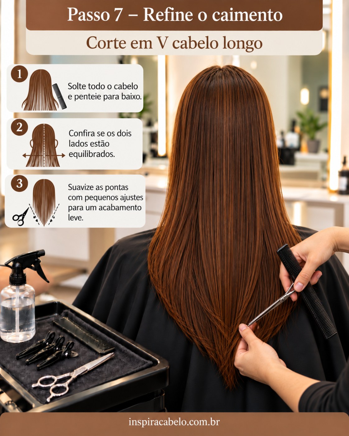 Conferência do caimento do corte em V cabelo longo com fios soltos, penteados e pontas em ajuste.