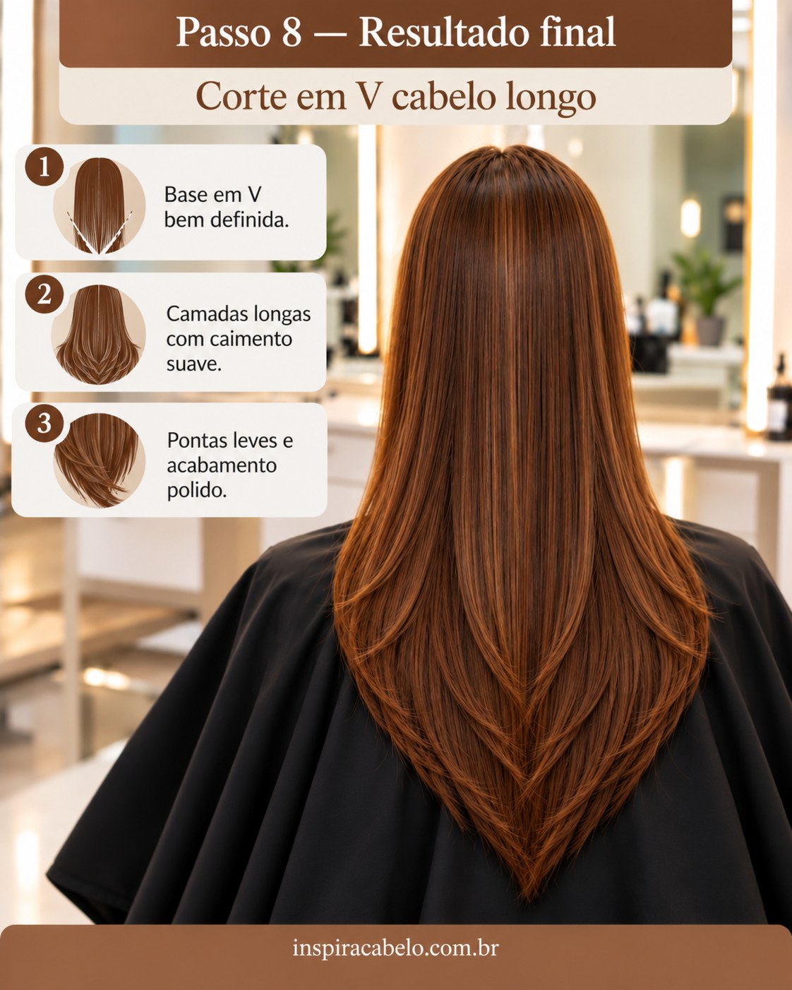 Resultado do corte em V cabelo longo castanho com base definida, camadas longas e acabamento suave.