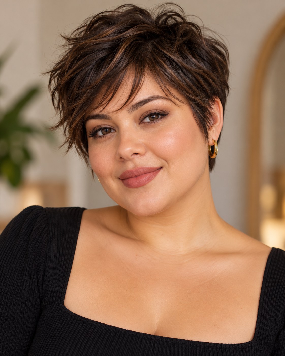 Corte pixie para rosto redondo com franja desfiada, camadas leves e volume natural no topo.