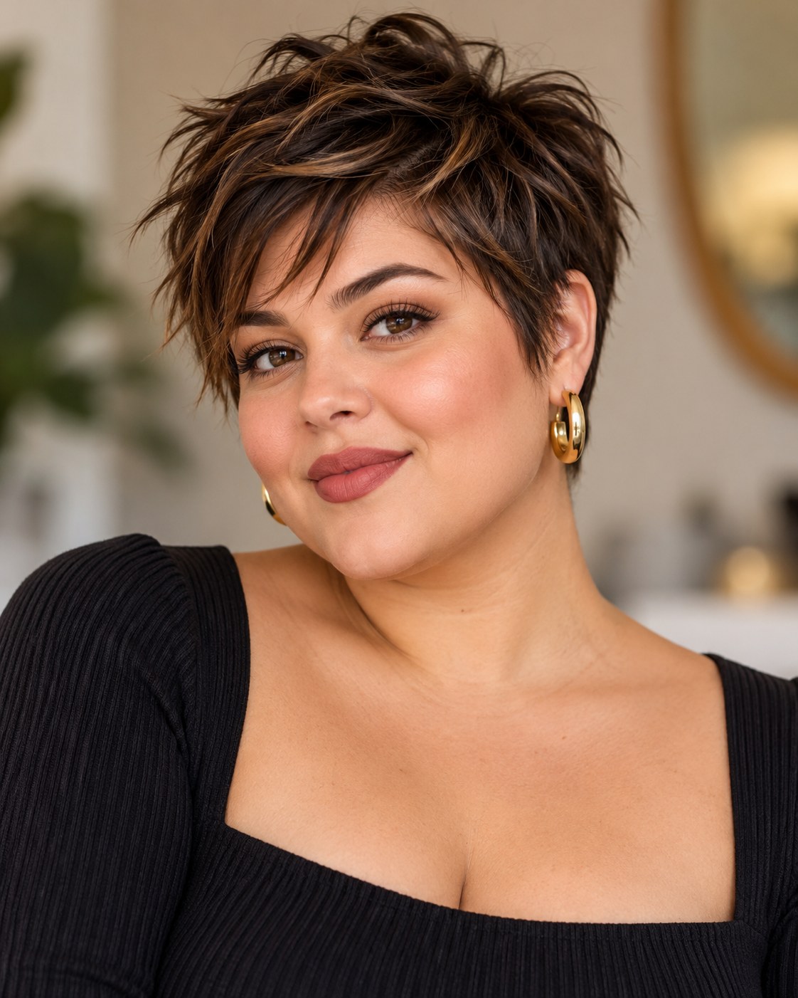 Corte pixie para rosto redondo com camadas repicadas, cabelo castanho iluminado e textura moderna.