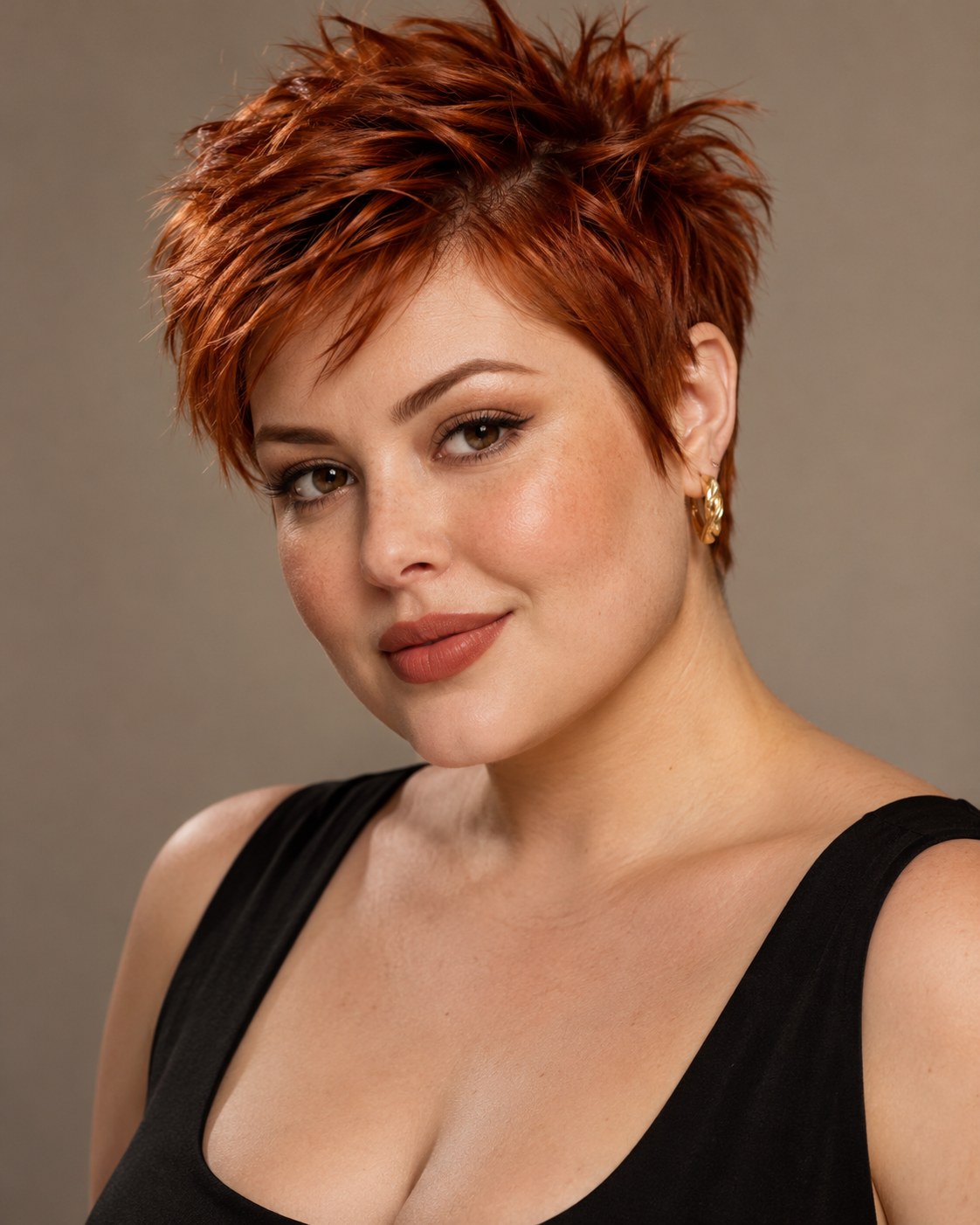Corte pixie para rosto redondo em tom acobreado, com franja curta e pontas espetadas.