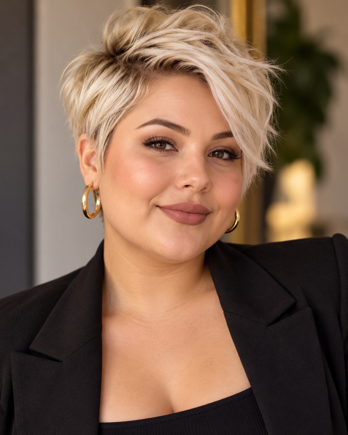 Corte pixie para rosto redondo em loiro platinado, com franja lateral longa e topo desfiado.