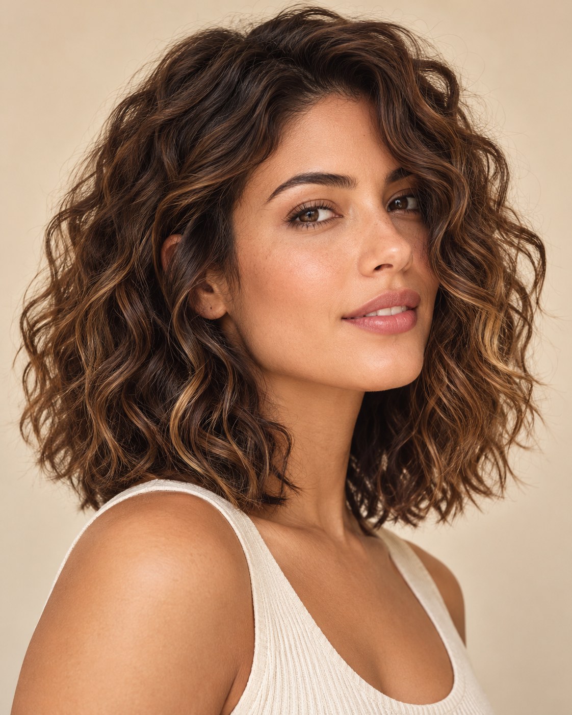Long bob feminino cacheado, com volume abundante, camadas e reflexos castanhos que destacam os cachos.