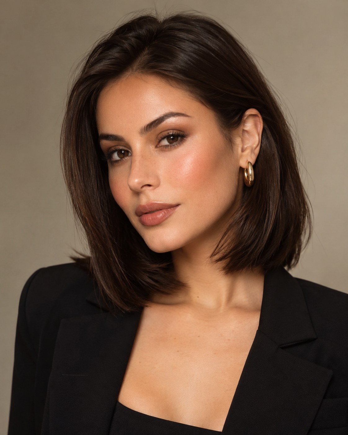 Long bob feminino castanho com luzes finas, base cheia, risca lateral e acabamento elegante.