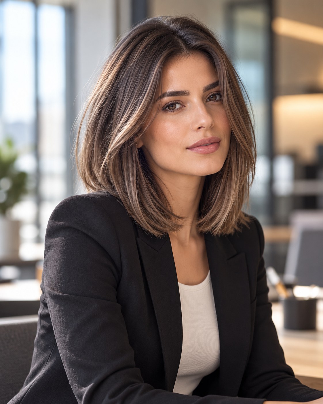 Long bob feminino castanho polido, com comprimento médio, risca lateral e pontas suavemente curvas.