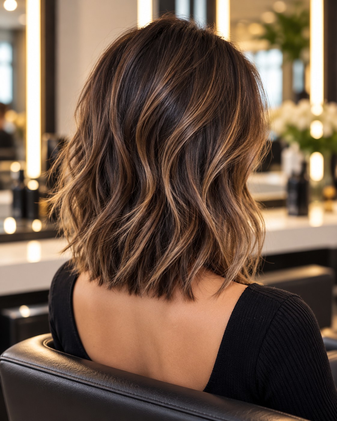 Long bob feminino visto por trás, com ondas marcadas e balayage castanha em diferentes tons.