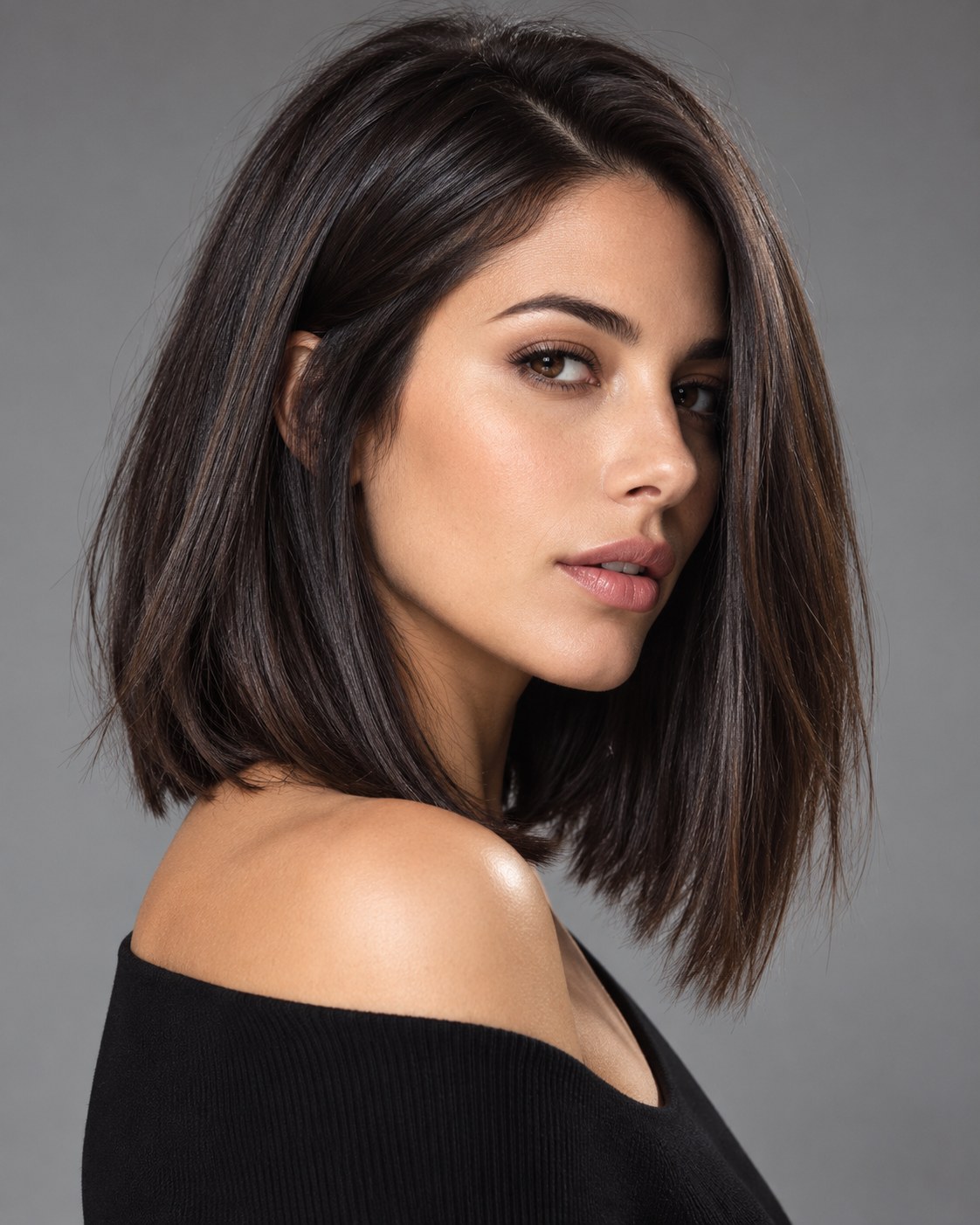 Long bob feminino escuro e liso, com risca lateral e corte assimétrico mais longo na frente.