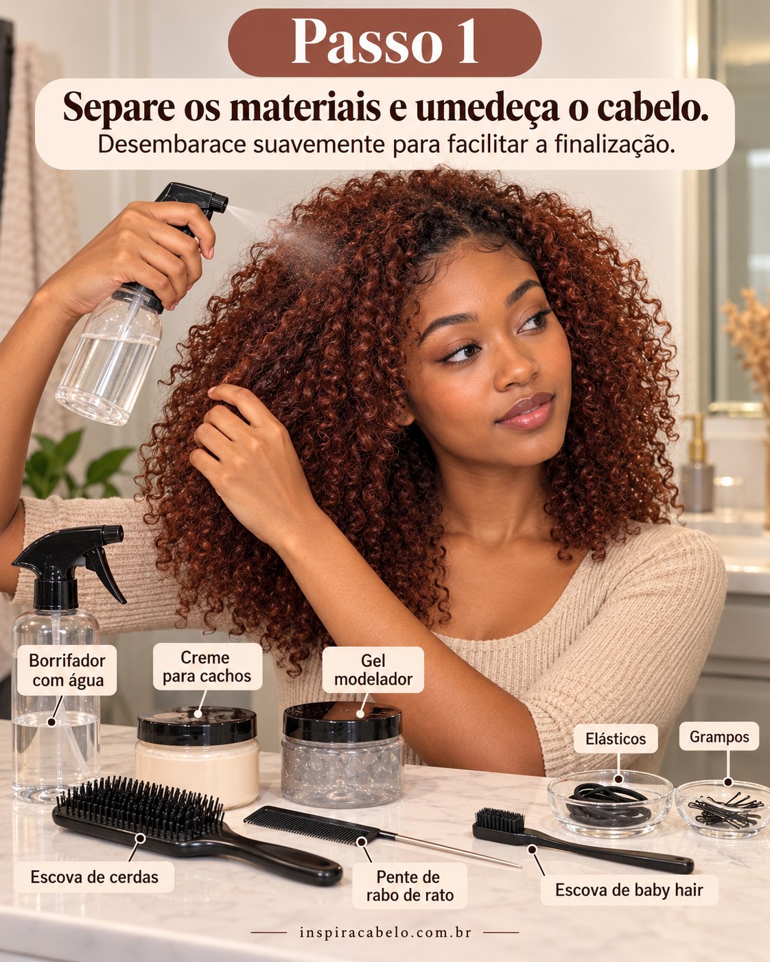 Materiais para penteado para cabelo crespo e cacheado fácil organizados com creme, gel, escovas e acessórios.