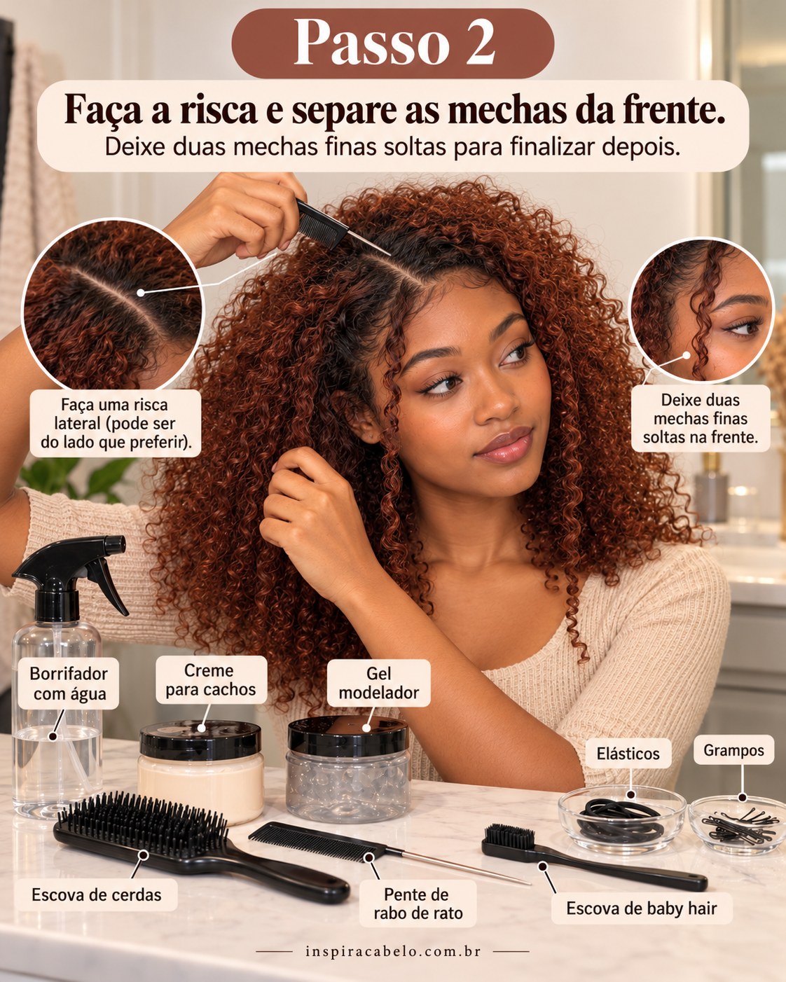 Penteado para cabelo crespo e cacheado fácil com risca lateral e duas mechas frontais separadas.