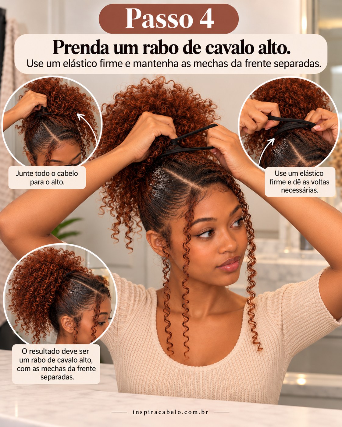 Preparação de rabo de cavalo alto para penteado para cabelo crespo e cacheado fácil com mechas soltas.