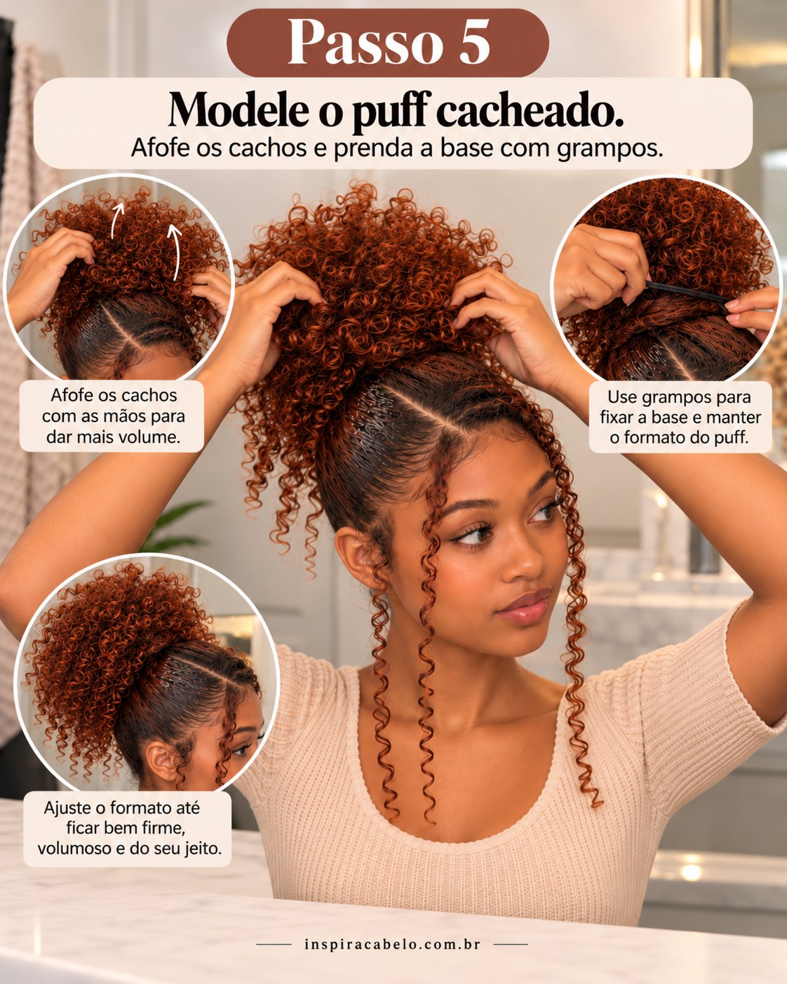 Modelagem de puff volumoso com cachos naturais e grampos para penteado para cabelo crespo e cacheado fácil.