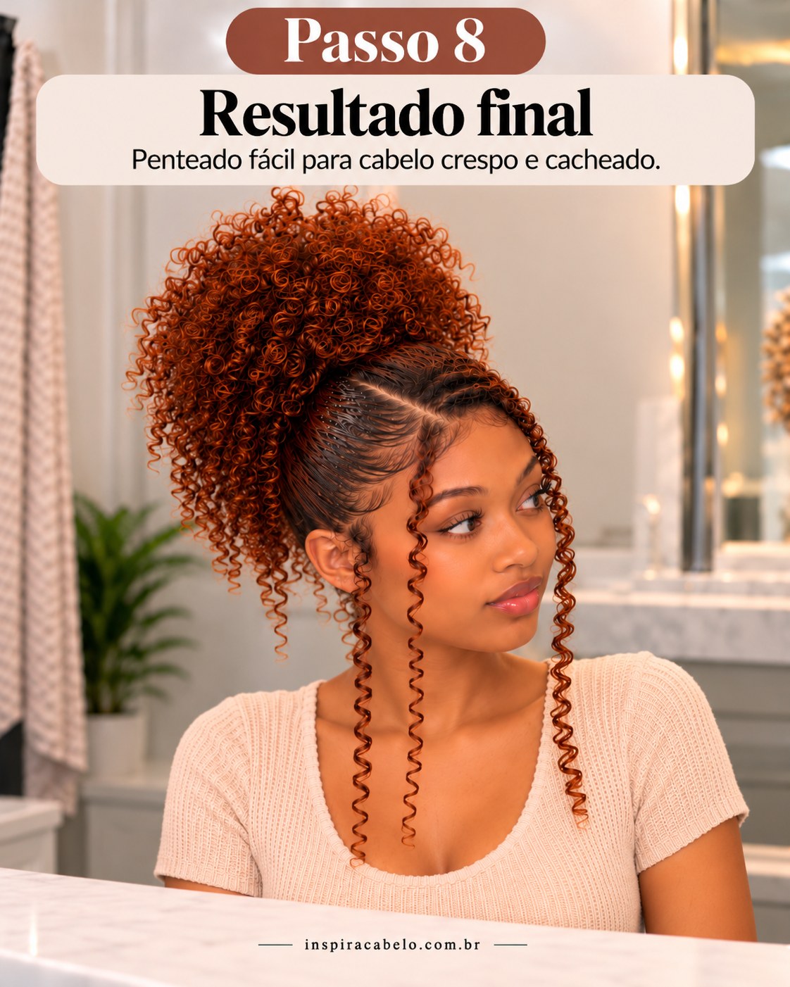 Resultado de penteado para cabelo crespo e cacheado fácil com puff alto, laterais alinhadas e cachos definidos.