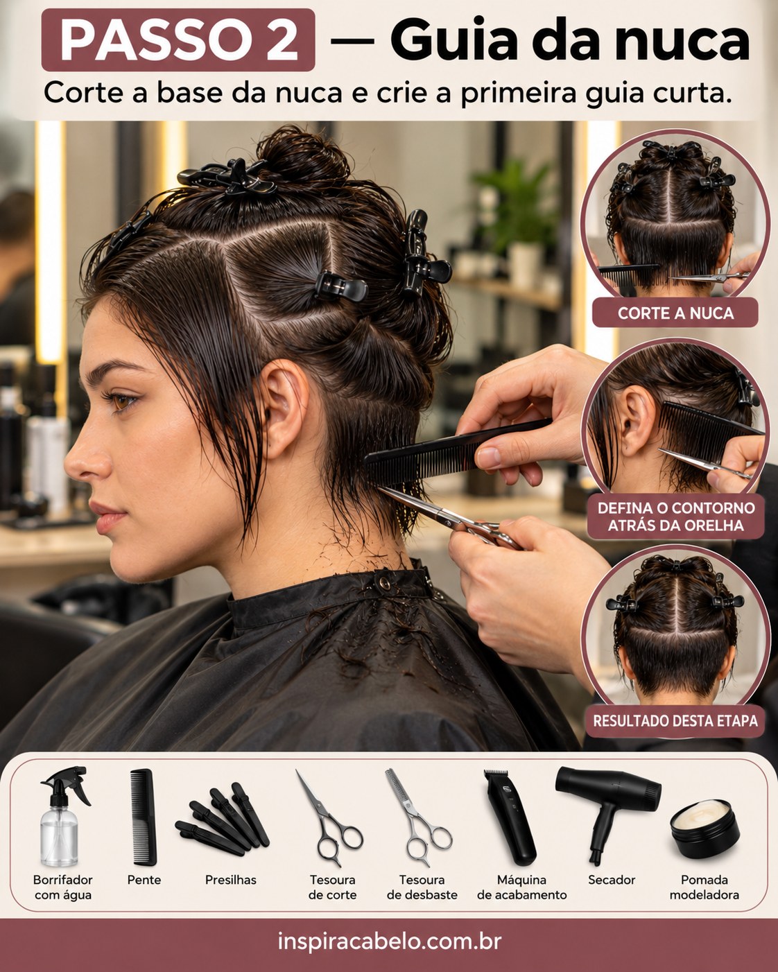 Cabeleireiro cria a guia curta na nuca para iniciar o pixie cut cabelo feminino com tesoura.