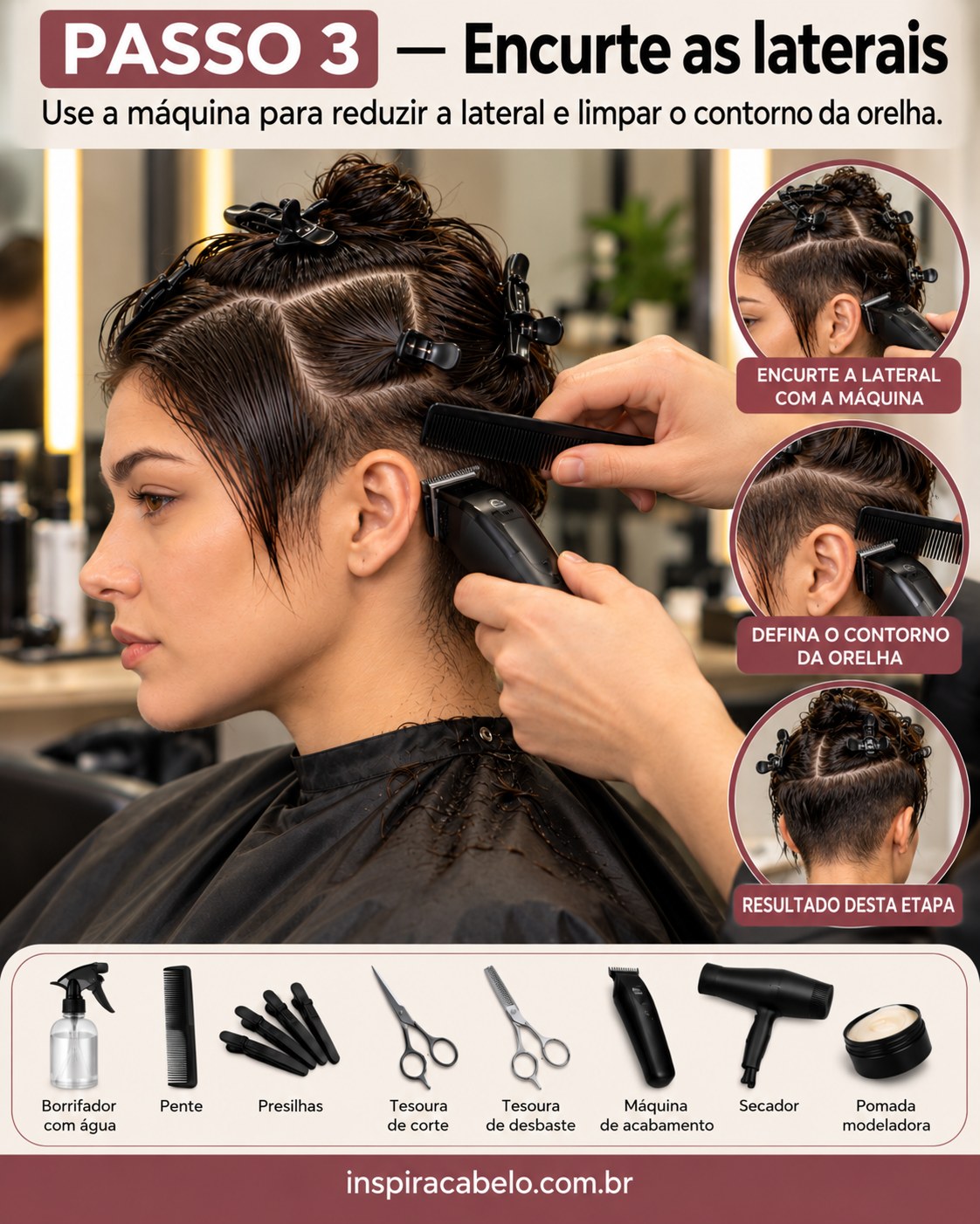 Máquina de acabamento reduz as laterais e contorna a orelha no pixie cut cabelo feminino.