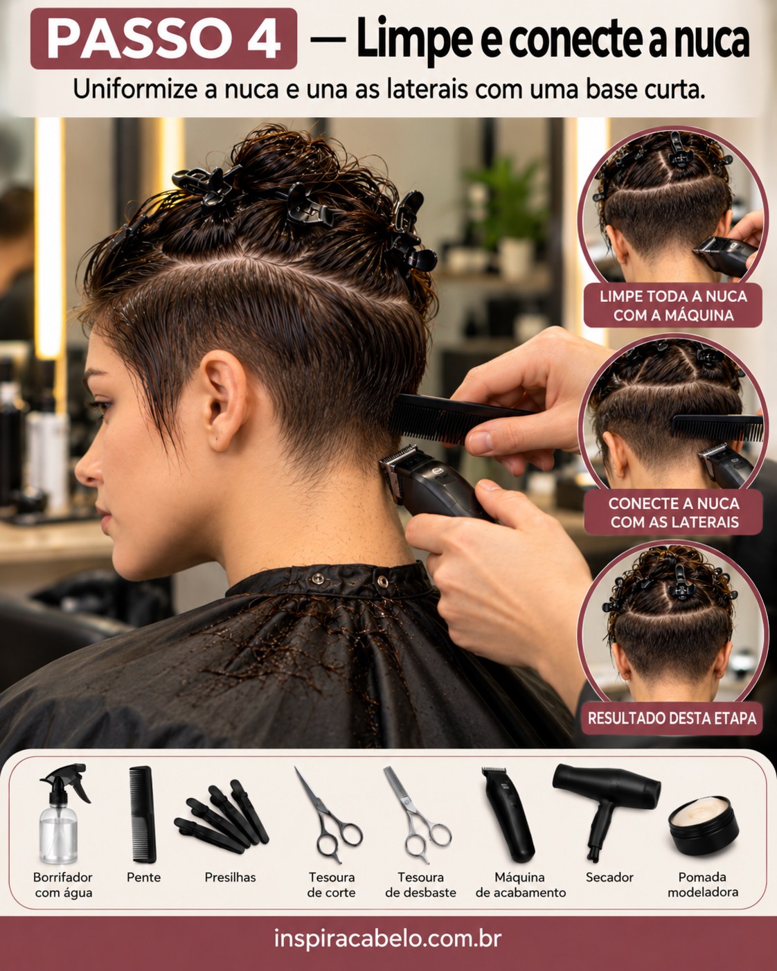 Nuca curta sendo limpa e conectada às laterais durante o corte pixie feminino.