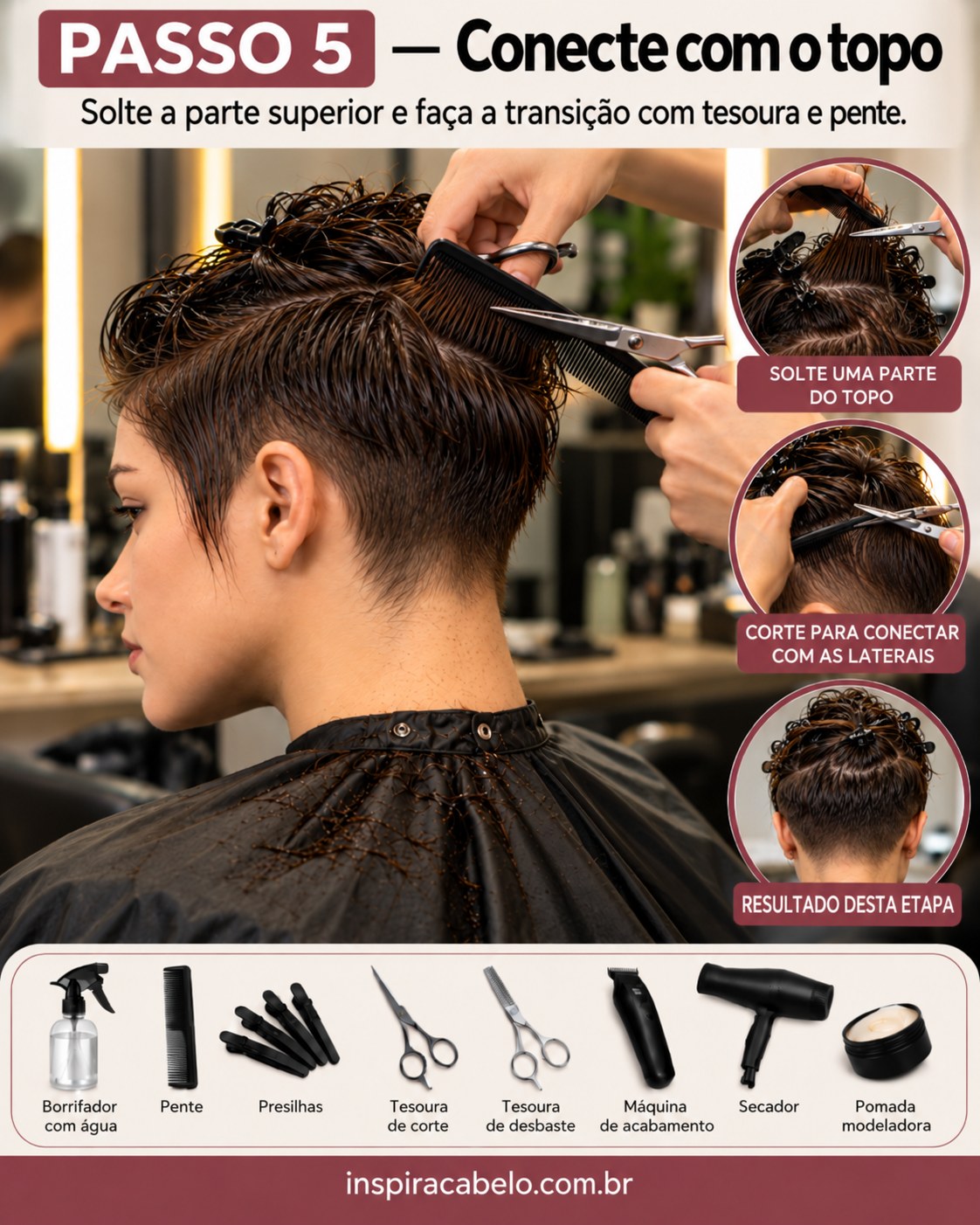 Topo do cabelo solto e aparado com pente e tesoura para conectar o pixie às laterais.
