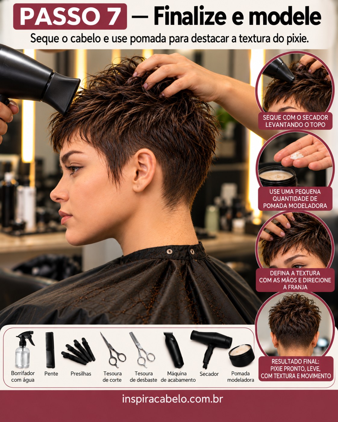 Secador e pomada modeladora destacam o volume e a textura do pixie cut cabelo feminino.