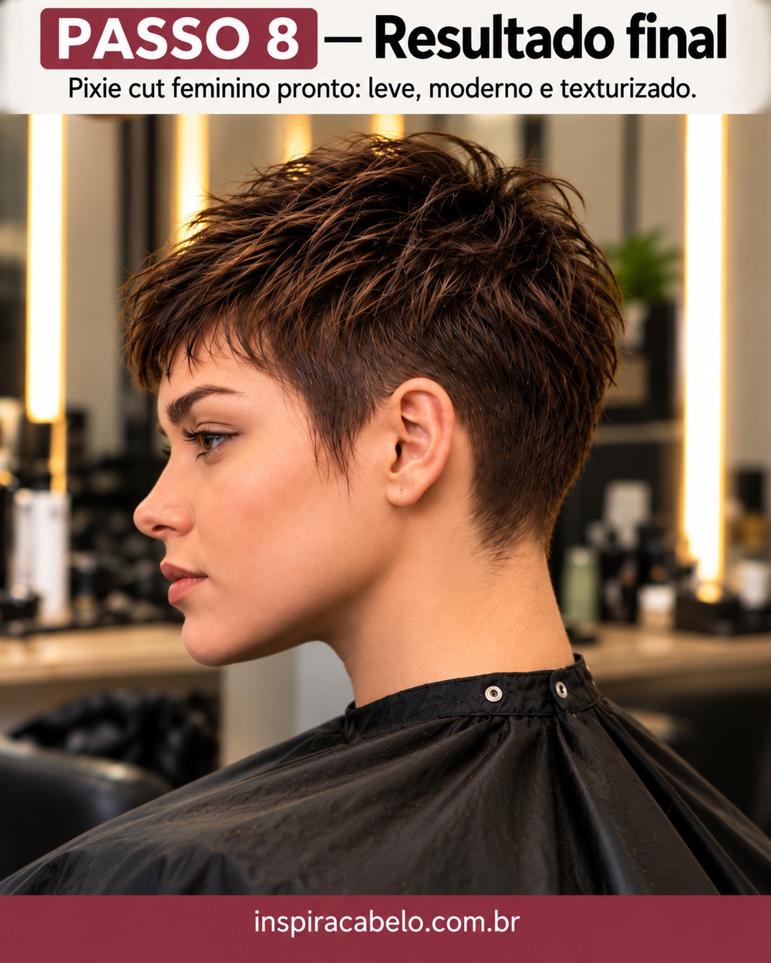Resultado final do pixie cut cabelo feminino castanho com franja curta, topo texturizado e nuca definida.