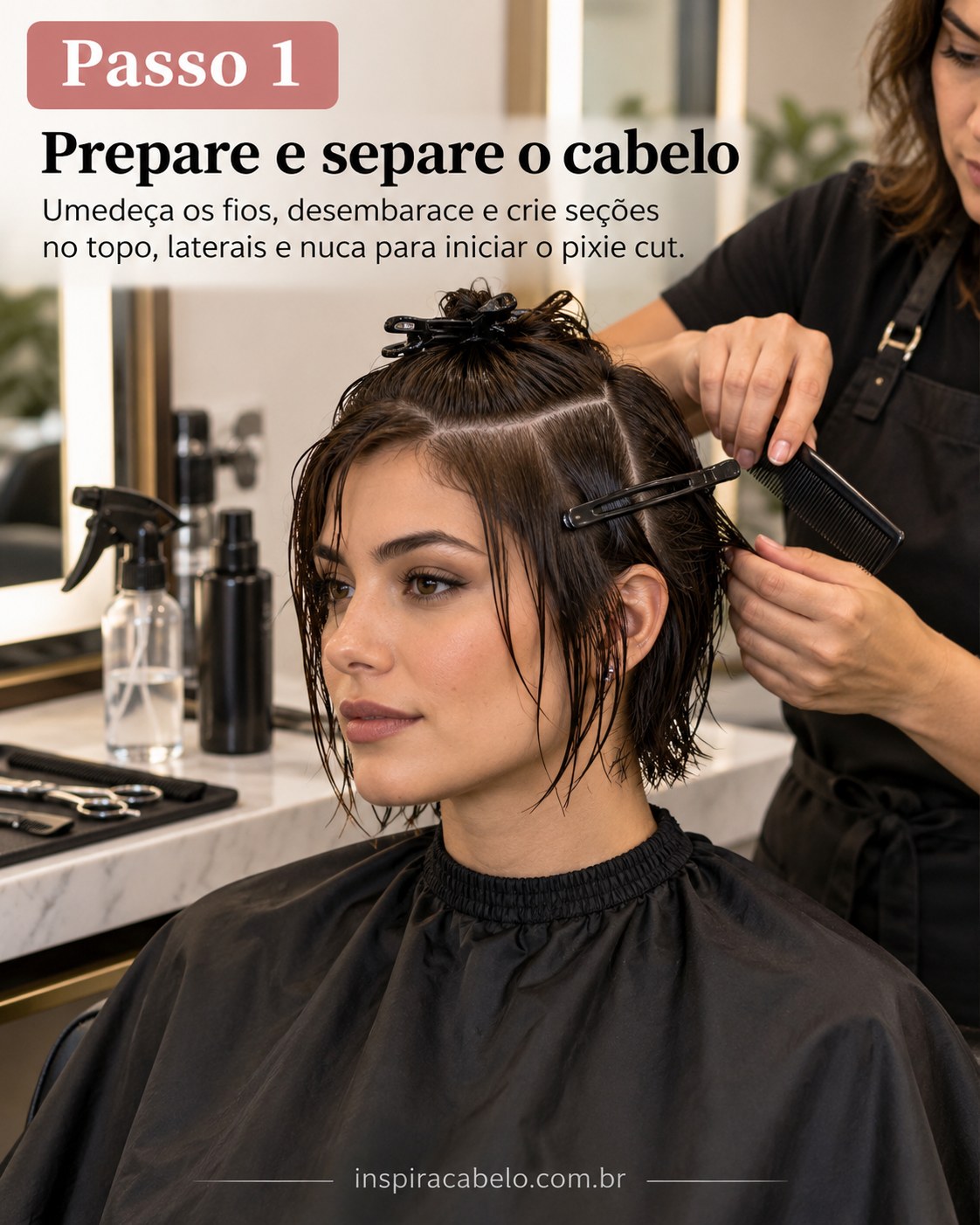 Pixie cut feminino moderno com cabelo úmido dividido em seções e topo preso por presilhas pretas.