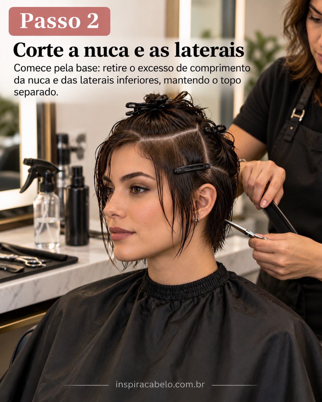 Pixie cut feminino moderno em preparação, com tesoura aparando o comprimento da lateral junto à nuca.