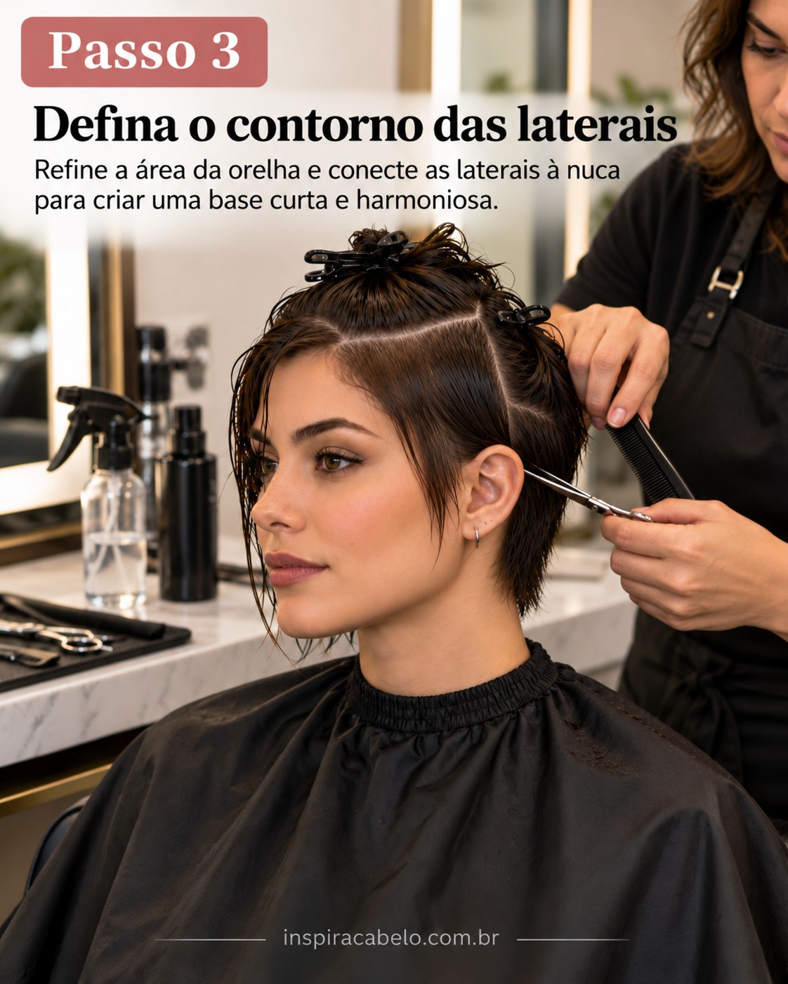 Pixie cut feminino moderno com contorno lateral sendo refinado com tesoura ao redor da orelha.