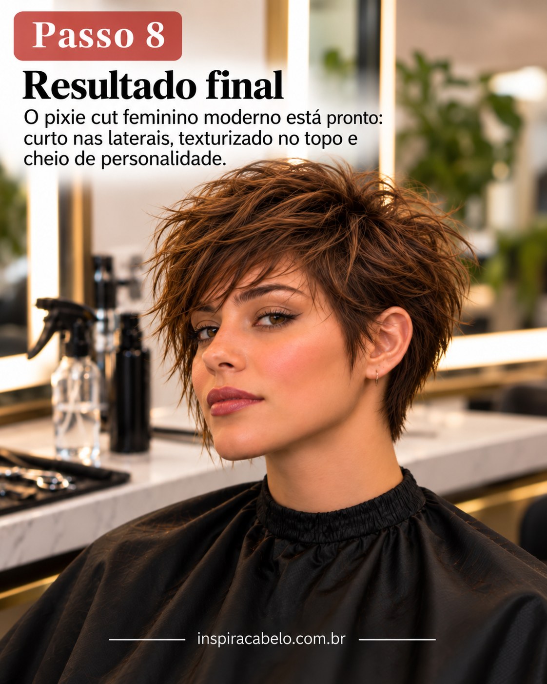 Pixie cut feminino moderno finalizado, com laterais curtas, franja assimétrica e topo castanho volumoso.