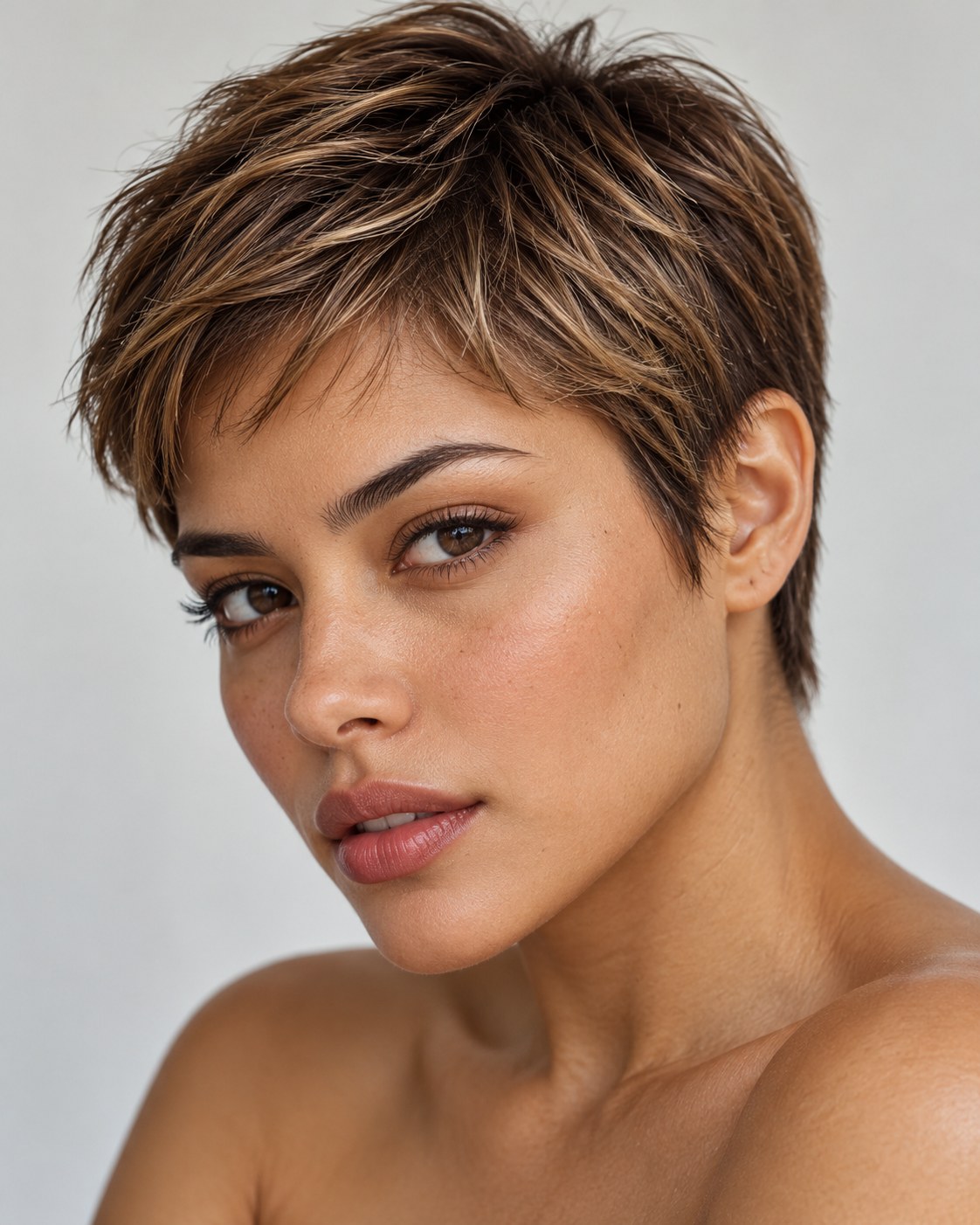 Pixie cut para cabelo fino castanho com mechas claras e camadas suaves no topo.