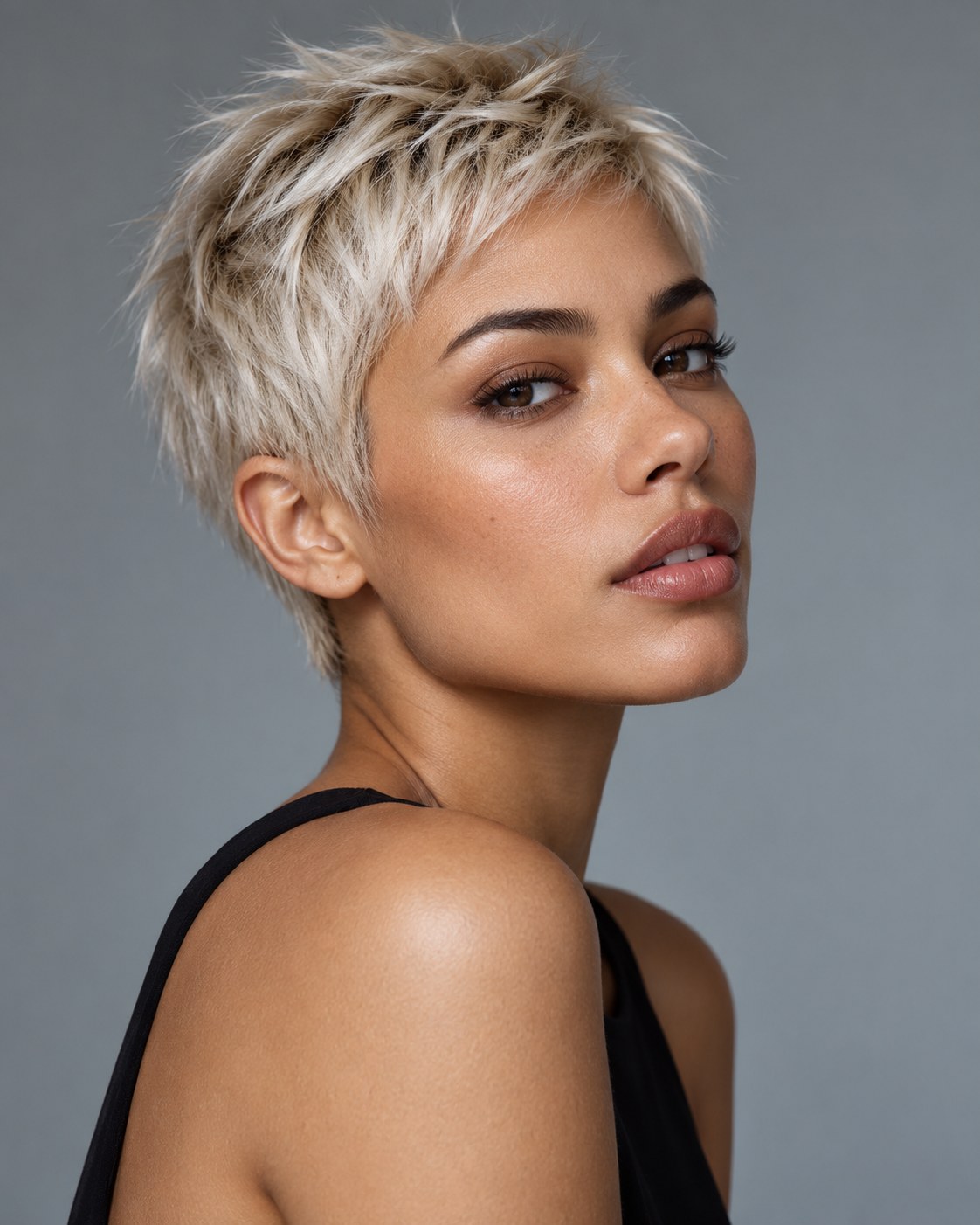Pixie cut para cabelo fino platinado com pontas texturizadas e topo curto e moderno.