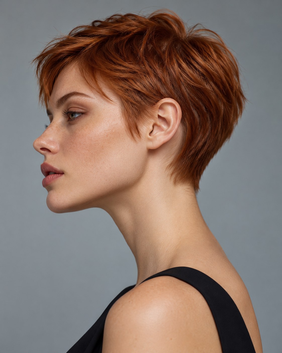 Pixie cut para cabelo fino em tom ruivo acobreado com nuca curta e contorno delicado.